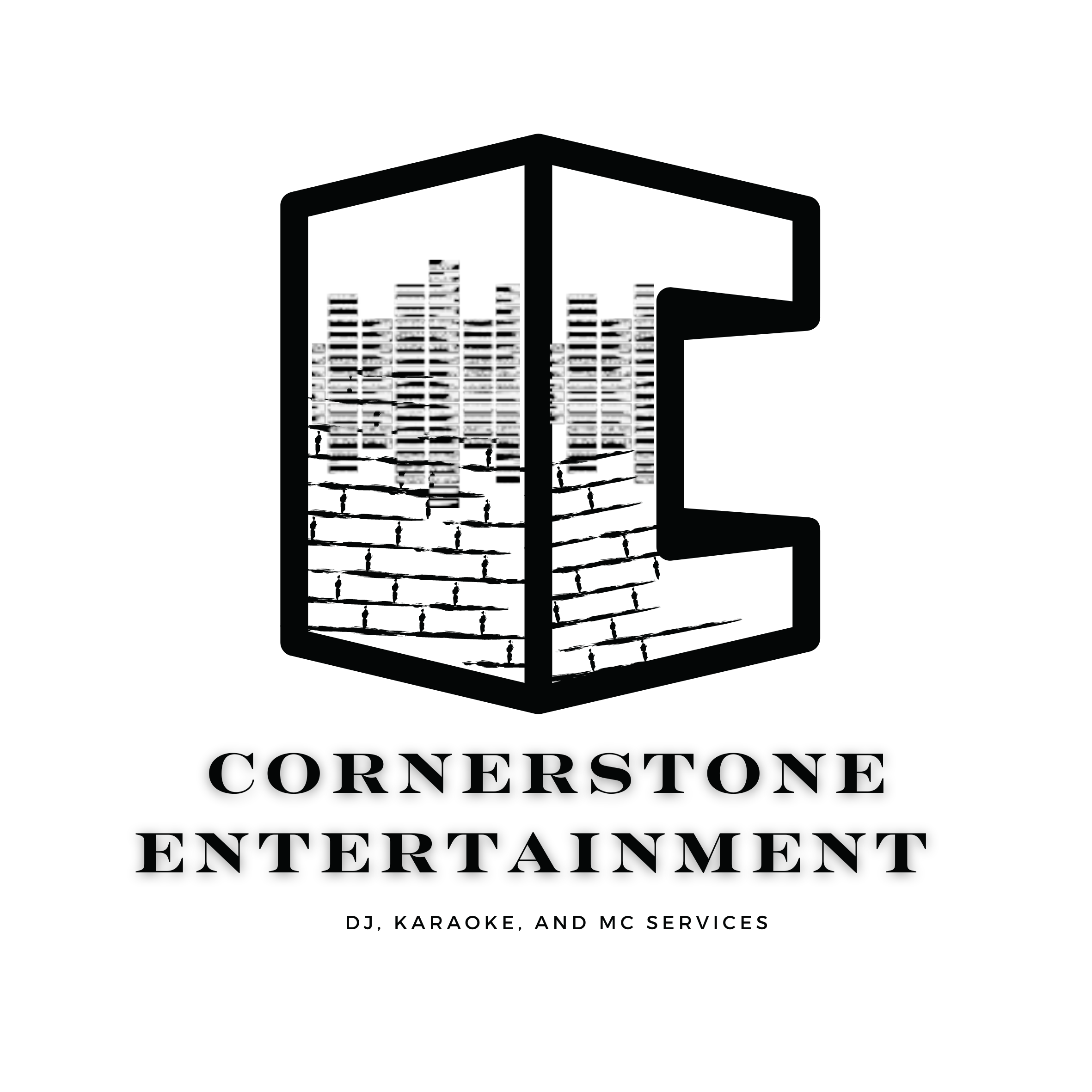 An isomorphic 'C' in grungy grayscale with stacks of discs inside it.